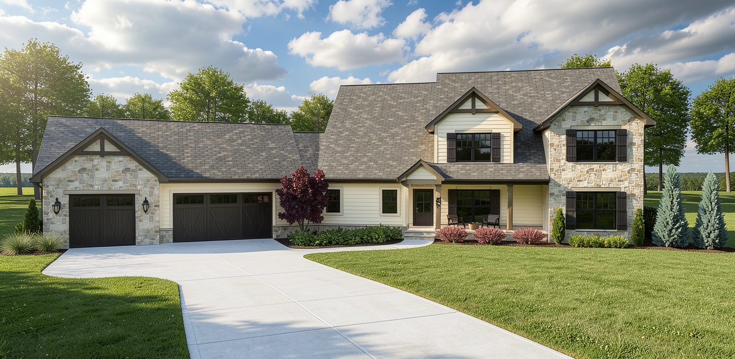 partly cloudy sky add gutters creamy white siding black windows paved ...