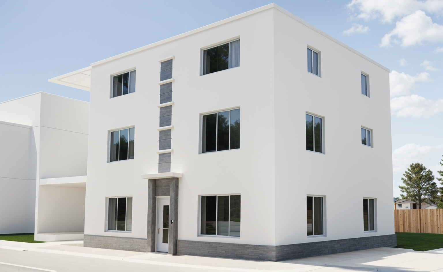 modernist exterior shot a modern three story building with a minimalist ...