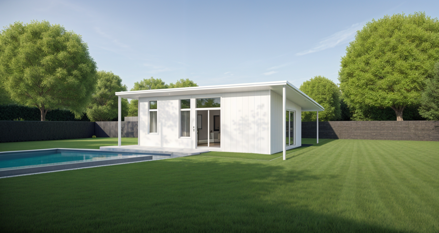 International Style Exterior Shot White Siding On The Facade And Pitched Metal Roof Bright Sun